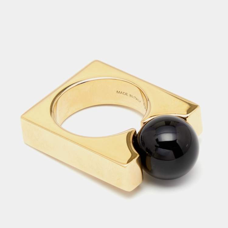 Pre Owned Chloe Black Composite Gold Tone Square Ring Size 55
