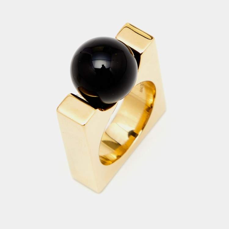 Pre Owned Chloe Black Composite Gold Tone Square Ring Size 55