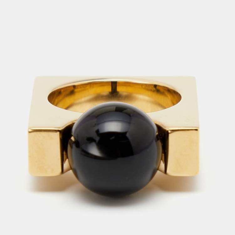 Pre Owned Chloe Black Composite Gold Tone Square Ring Size 55