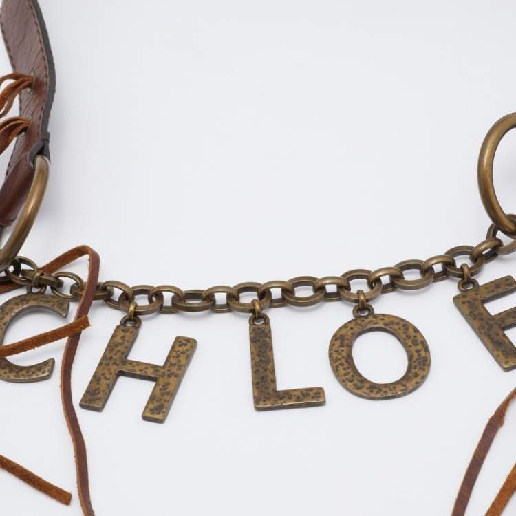 Pre Owned Chloe Brown Leather Fringe Logo Charm Belt 110CM