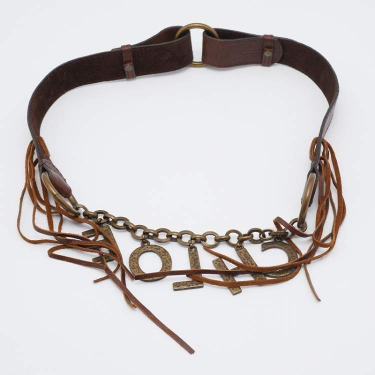 Pre Owned Chloe Brown Leather Fringe Logo Charm Belt 110CM
