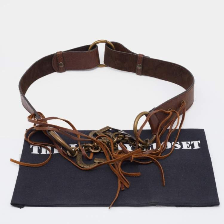 Pre Owned Chloe Brown Leather Fringe Logo Charm Belt 110CM