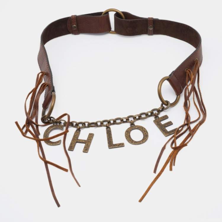 Pre Owned Chloe Brown Leather Fringe Logo Charm Belt 110CM