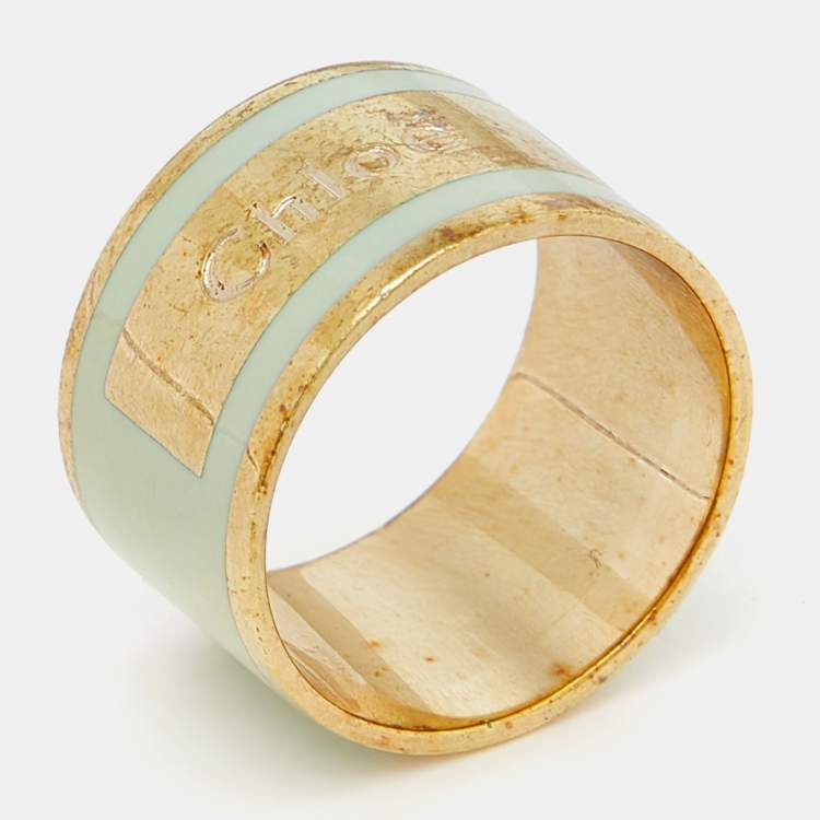 Pre Owned Chloé  Mint Green Enamel Gold Tone Band Ring Size EU 53
