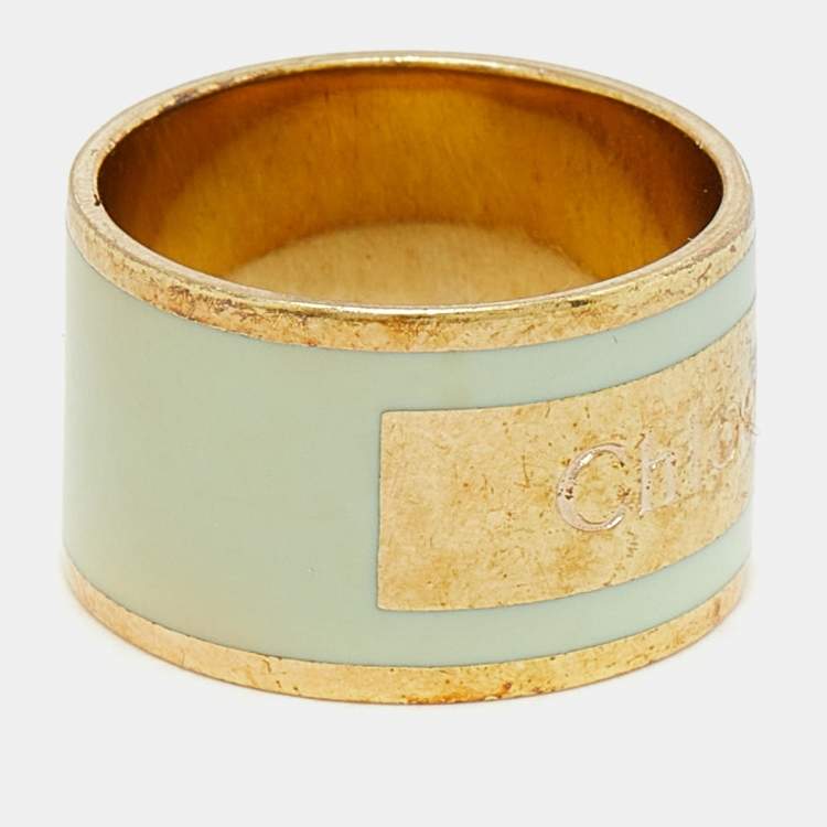 Pre Owned Chloé  Mint Green Enamel Gold Tone Band Ring Size EU 53