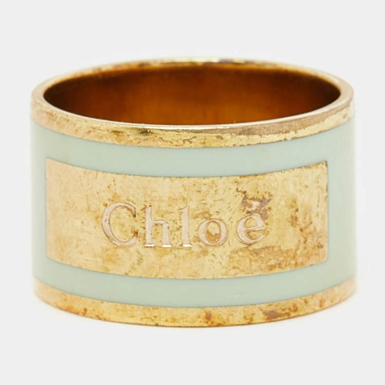 Pre Owned Chloé  Mint Green Enamel Gold Tone Band Ring Size EU 53