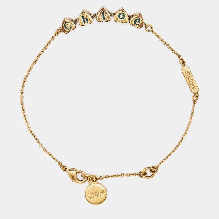 Pre Owned Chloé Gold Tone Logo Heart Chain Bracelet