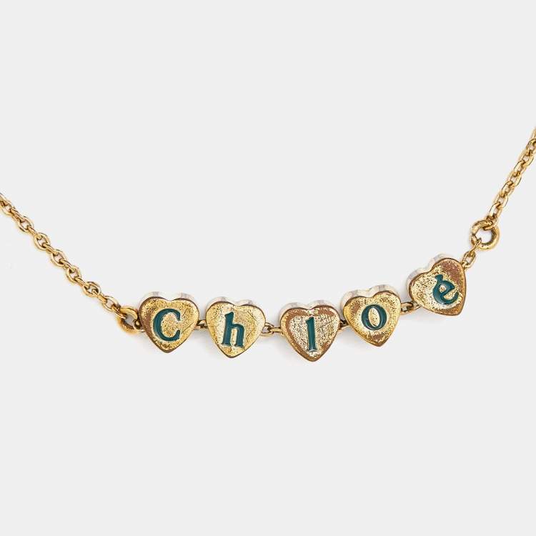 Pre Owned Chloé Gold Tone Logo Heart Chain Bracelet