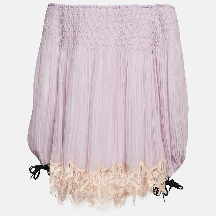 Pre Owned Chloe Purple Lace Trim Chiffon Smocked Off Shoulder Top S