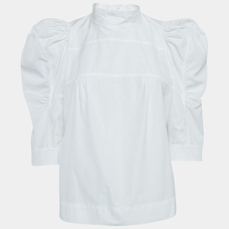 Pre Owned Chloe White Cotton Puff Sleeves High Neck Blouse L