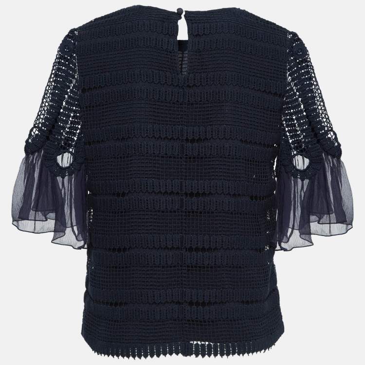 Pre Owned Chloe Navy Blue Crochet Flutter Sleeve Top S
