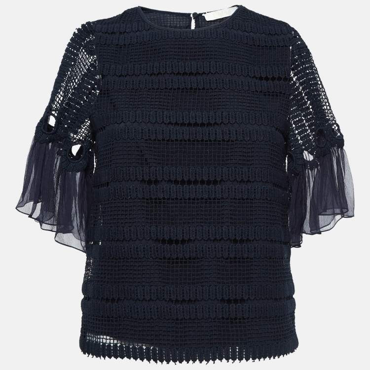 Pre Owned Chloe Navy Blue Crochet Flutter Sleeve Top S