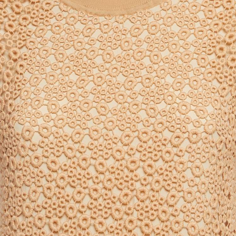 Pre Owned Chloe Beige Lace and Wool Short Sleeve Sweatshirt S
