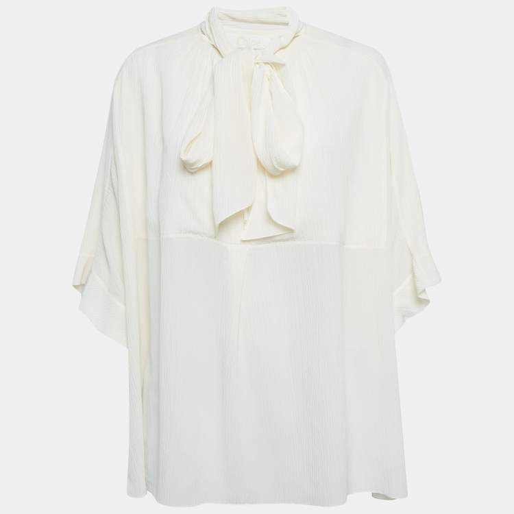 Pre Owned Chloe Cream Textured Silk Crepe Tie-Up Neck Tunic L