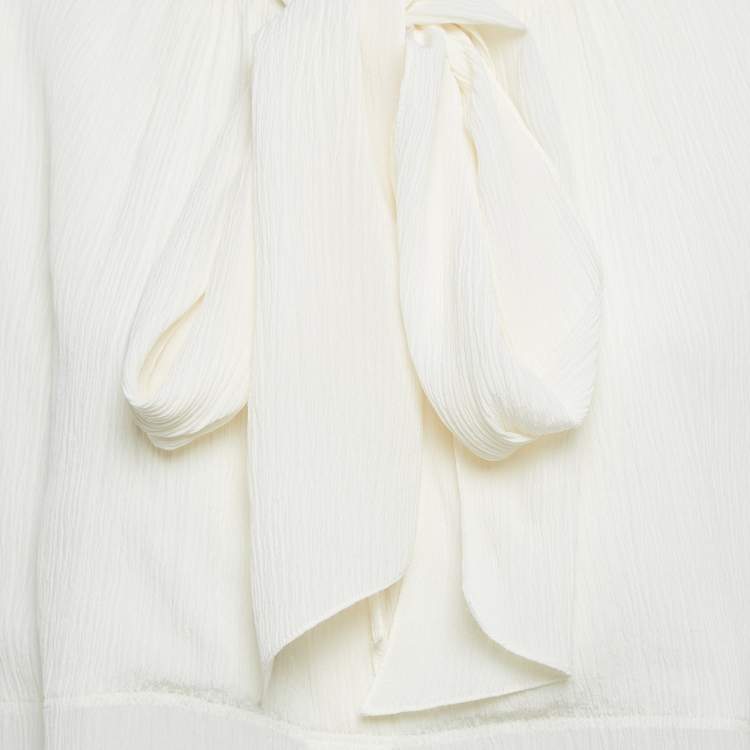 Pre Owned Chloe Cream Textured Silk Crepe Tie-Up Neck Tunic L