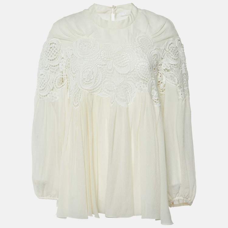 Pre Owned Chloe Cream Silk & Lace Trim Flared Top L