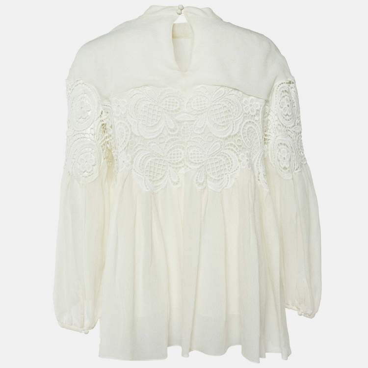 Pre Owned Chloe Cream Silk & Lace Trim Flared Top L