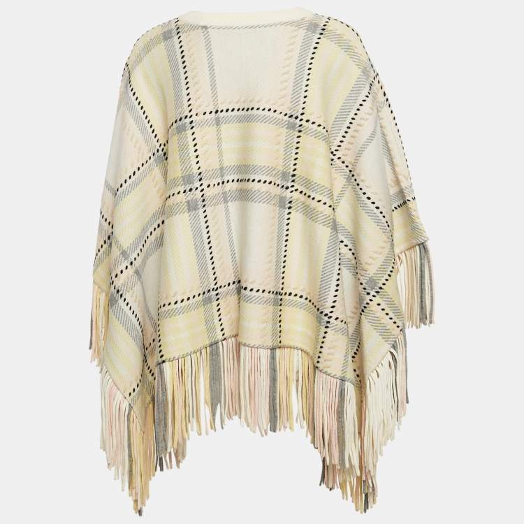 Pre Owned Chloe Yellow Plaid Cashmere Fringed Poncho Sweater XS/S