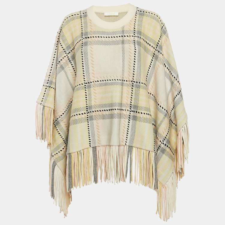 Pre Owned Chloe Yellow Plaid Cashmere Fringed Poncho Sweater XS/S