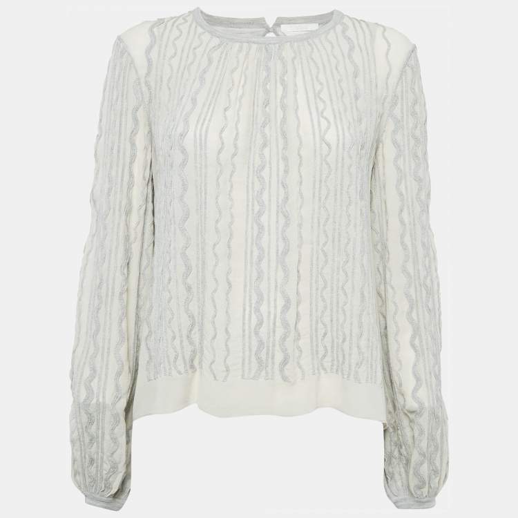 Pre Owned Chloe Grey Wavy Embroidered Silk and Jersey Top XS
