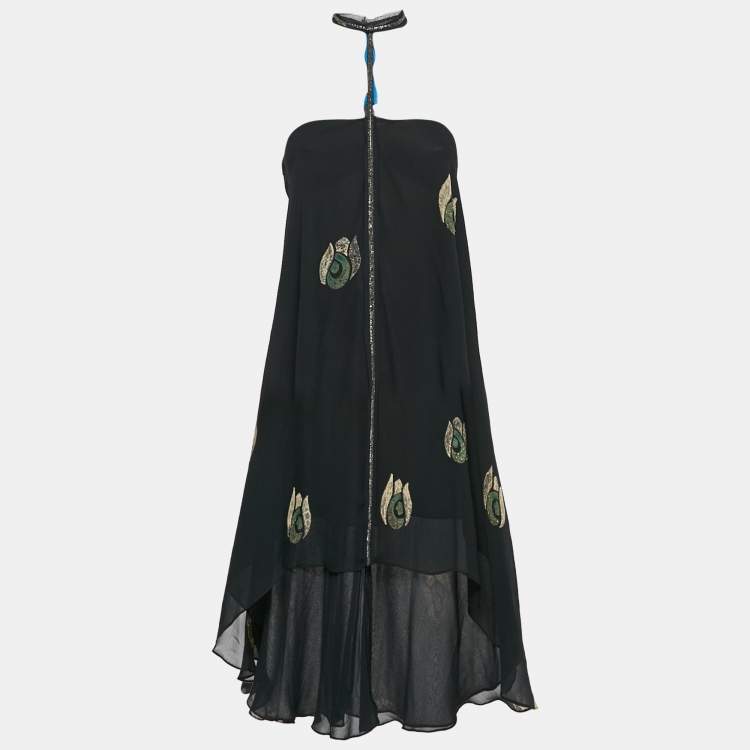 Pre Owned Chloe Black Printed Silk Strapless Mini Dress M