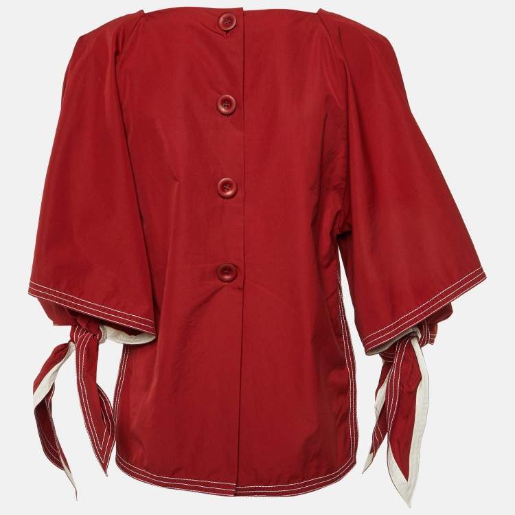 مملوكة مسبقًا Chloe Dark Ruby Cotton Tie Sleeve Detail Blouse S 