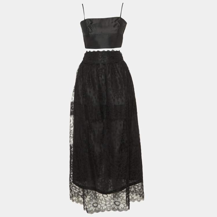 Pre Owned Chloe Black Silk & Lace Crop Top & Maxi Skirt Set L