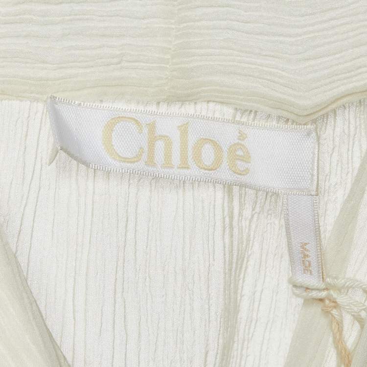 Pre Owned Chloe Iconic Milk White Cotton Blend Ruffled Tie-Up Neck Blouse L