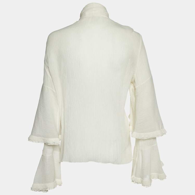 Pre Owned Chloe Iconic Milk White Cotton Blend Ruffled Tie-Up Neck Blouse L