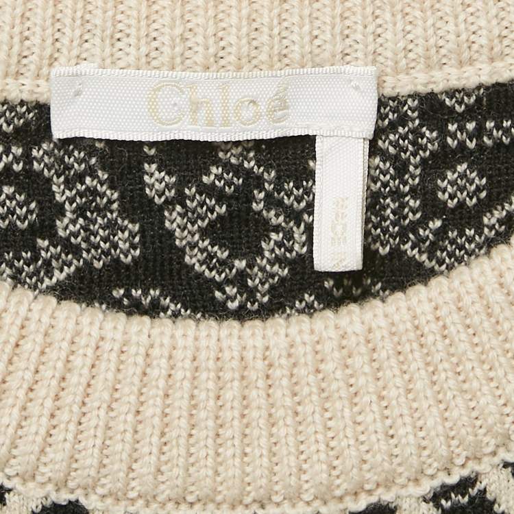 Pre Owned Chloe Black/Cream Intarsia Crew Neck Sweater L