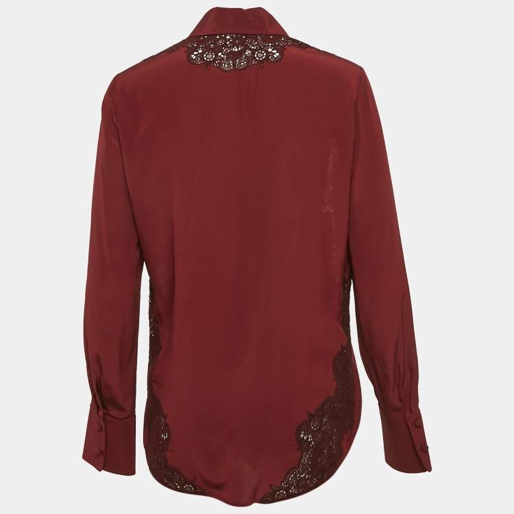 Pre Owned Chloe Smoked Red Lace Trim Silk Shirt S
