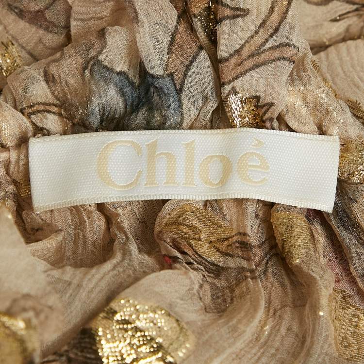 Pre Owned Chloe Pale Nude Beige Printed Lurex Fil Coupe Crepe Maxi Dress S