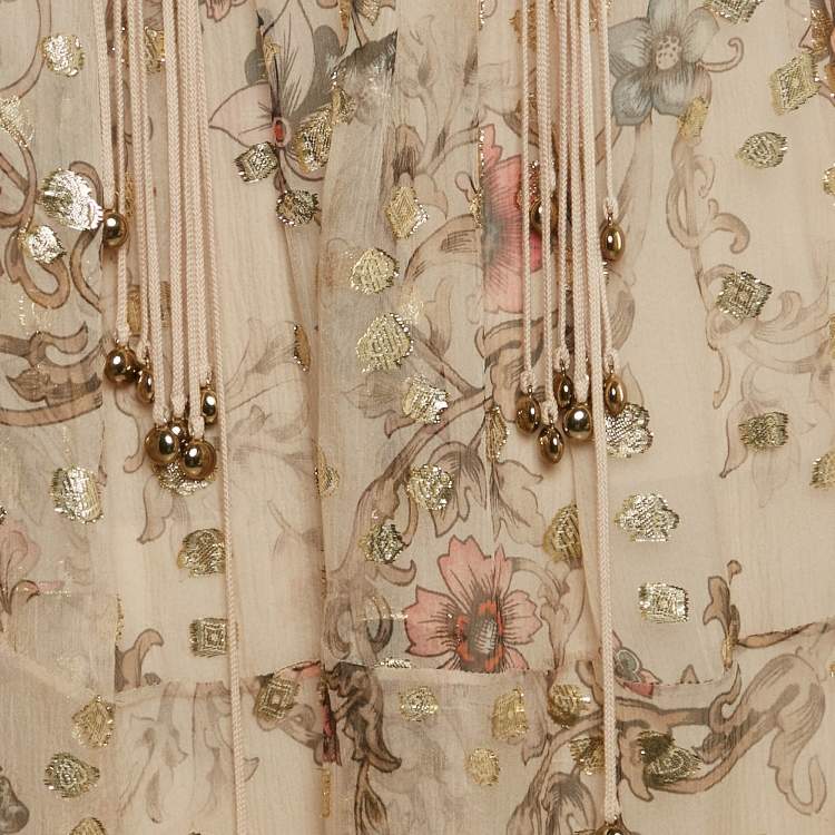 Pre Owned Chloe Pale Nude Beige Printed Lurex Fil Coupe Crepe Maxi Dress S