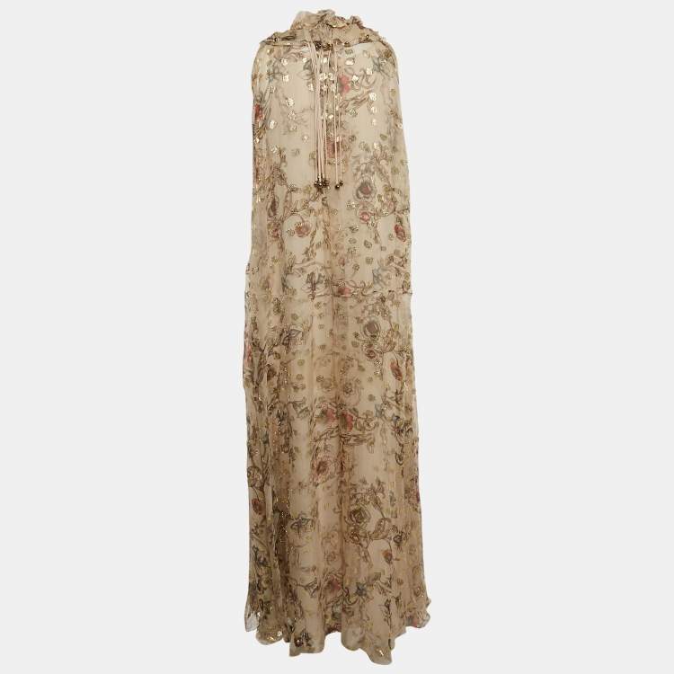 Pre Owned Chloe Pale Nude Beige Printed Lurex Fil Coupe Crepe Maxi Dress S