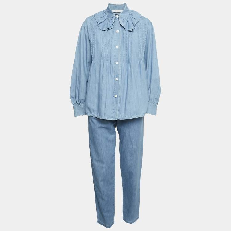 Pre Owned Chloe Blue Eternal Blue Denim Ruffled Blouse and Trousers Set S
