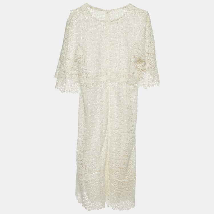 Pre Owned Chloe Eggshell White Guipure Lace Sheer Knee Length Dress M