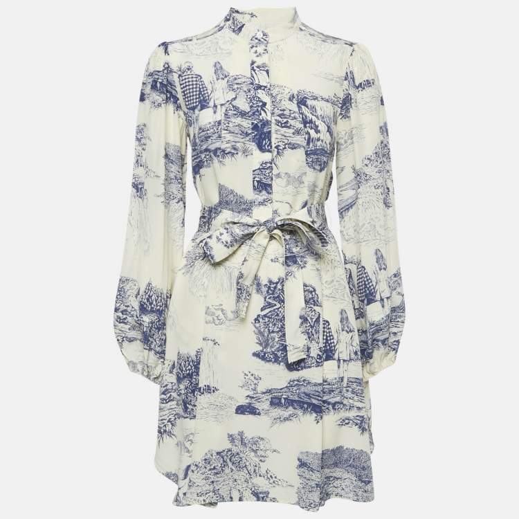 Pre Owned Chloe Cream/Blue Printed Silk Mini Dress S