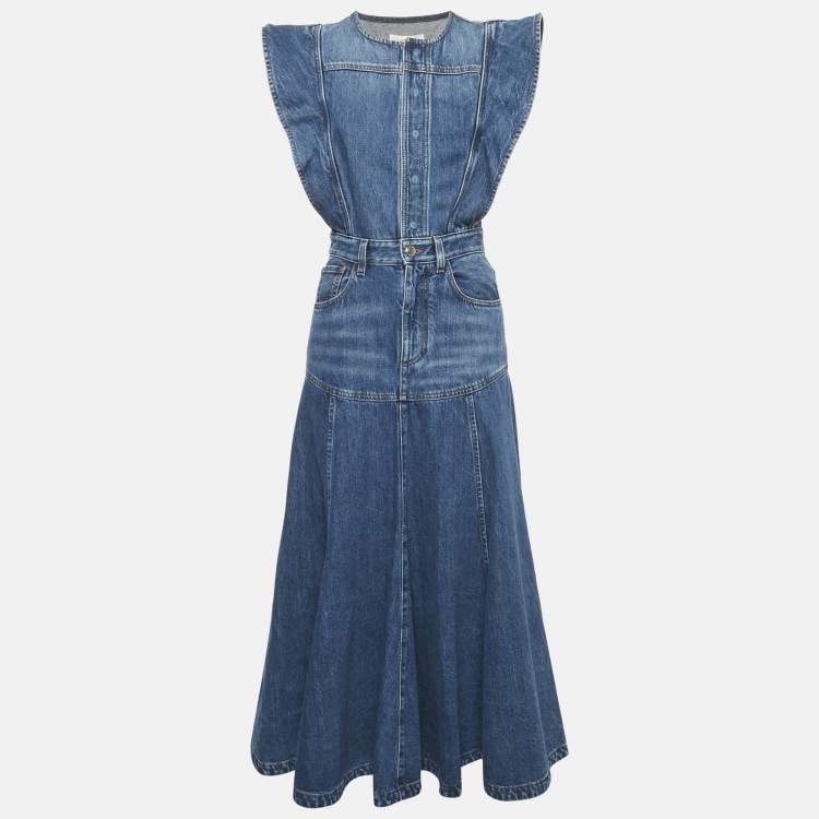 Pre Owned Chloé Blue Denim Flared Basque Cap-Sleeve Midi Dress S