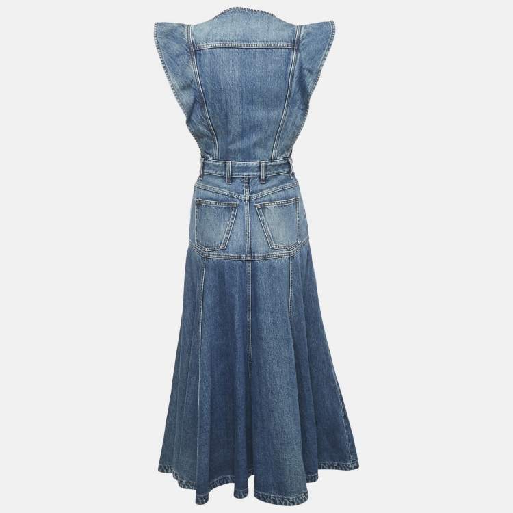 Pre Owned Chloé Blue Denim Flared Basque Cap-Sleeve Midi Dress S