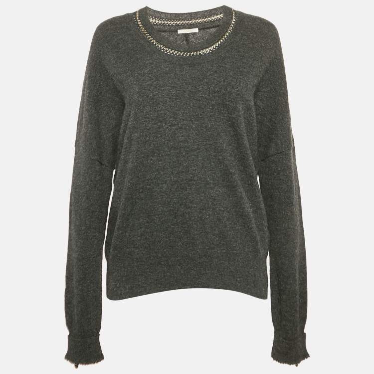 Pre Owned Chloe Grey Merino Wool Chain Embellished Sweater S