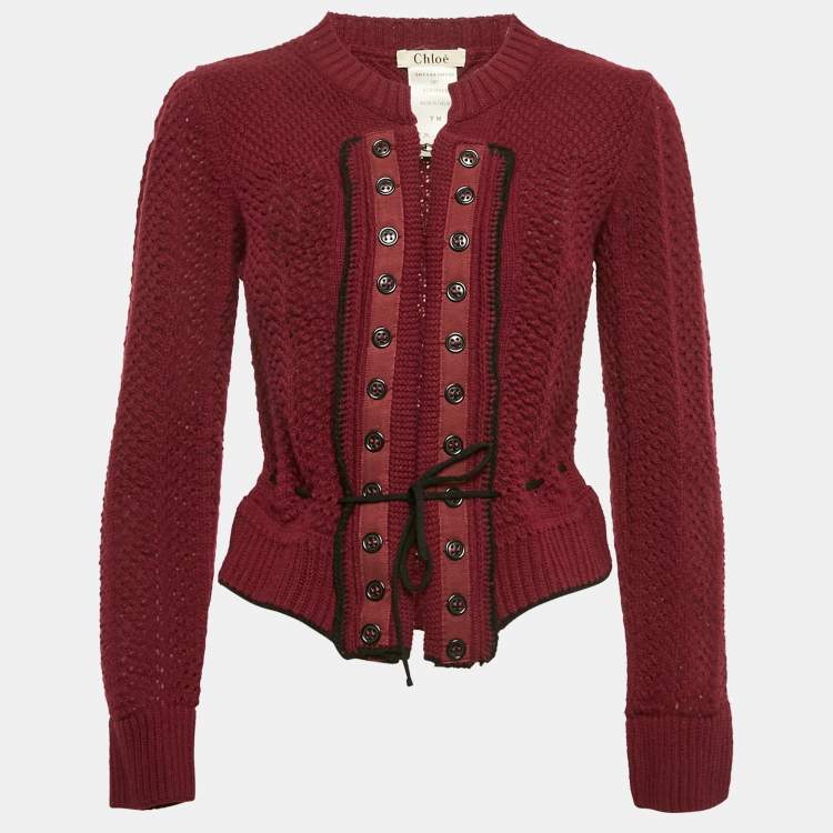 Pre Owned Chloe Vintage Burgundy Wool Knit Hook Front Cardigan M