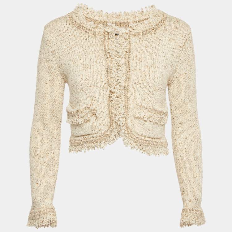 Pre Owned Chloé Cream Knit Fringed Cardigan M