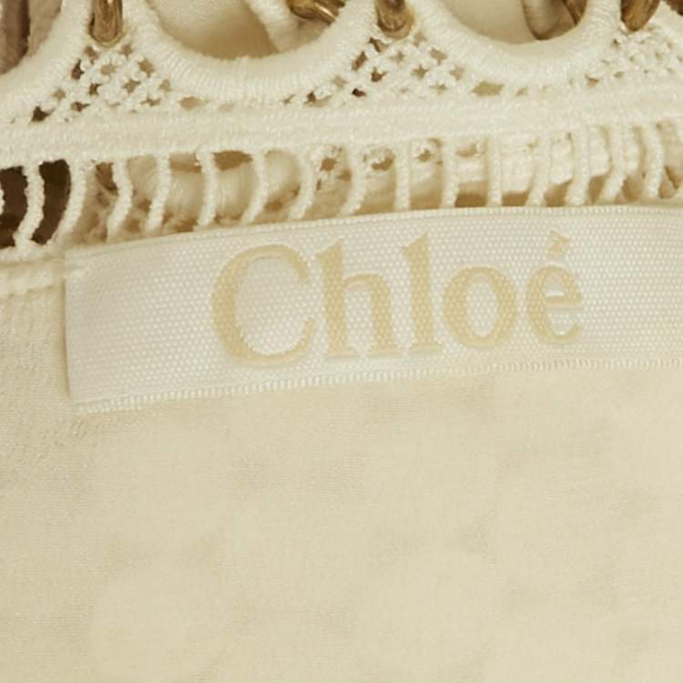 Pre Owned Chloé Milk White Lace and Crepe Silk Metal Ring Detail Maxi Dress M