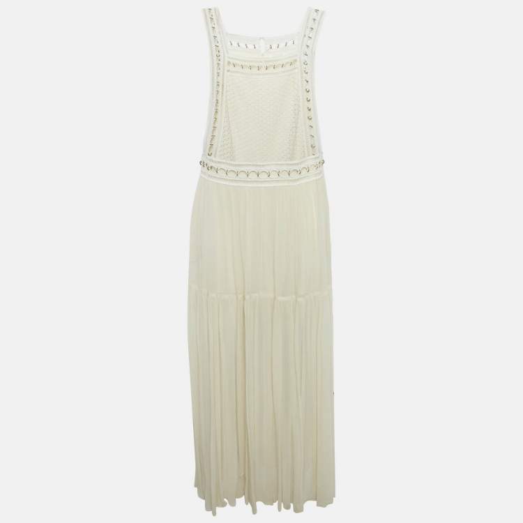 Pre Owned Chloé Milk White Lace and Crepe Silk Metal Ring Detail Maxi Dress M