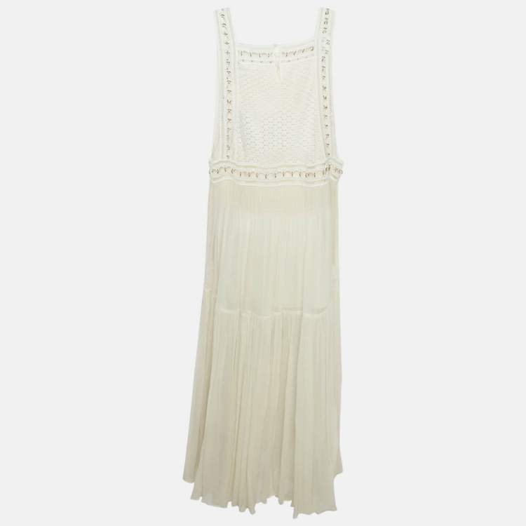 Pre Owned Chloé Milk White Lace and Crepe Silk Metal Ring Detail Maxi Dress M