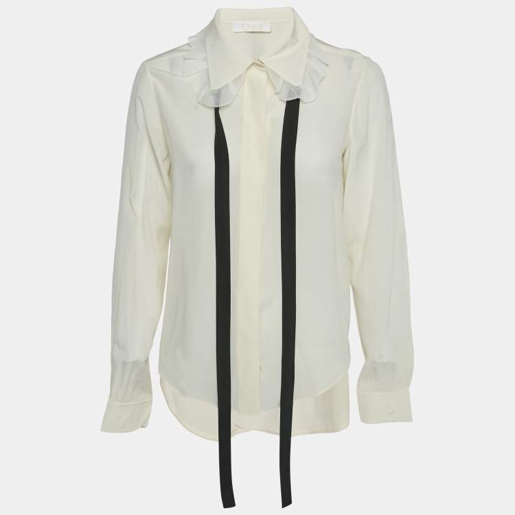 Pre Owned Chloe Cream Silk Chiffon Contrast Neck Detail Shirt M