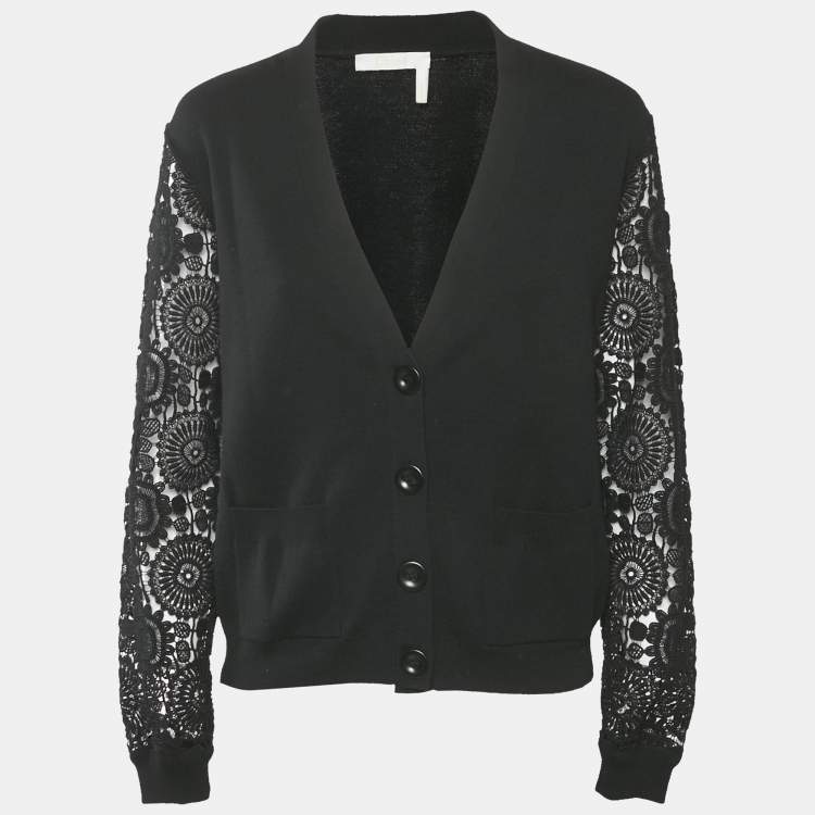 Pre Owned Chloé Black Wool and Lace Button Front Cardigan M