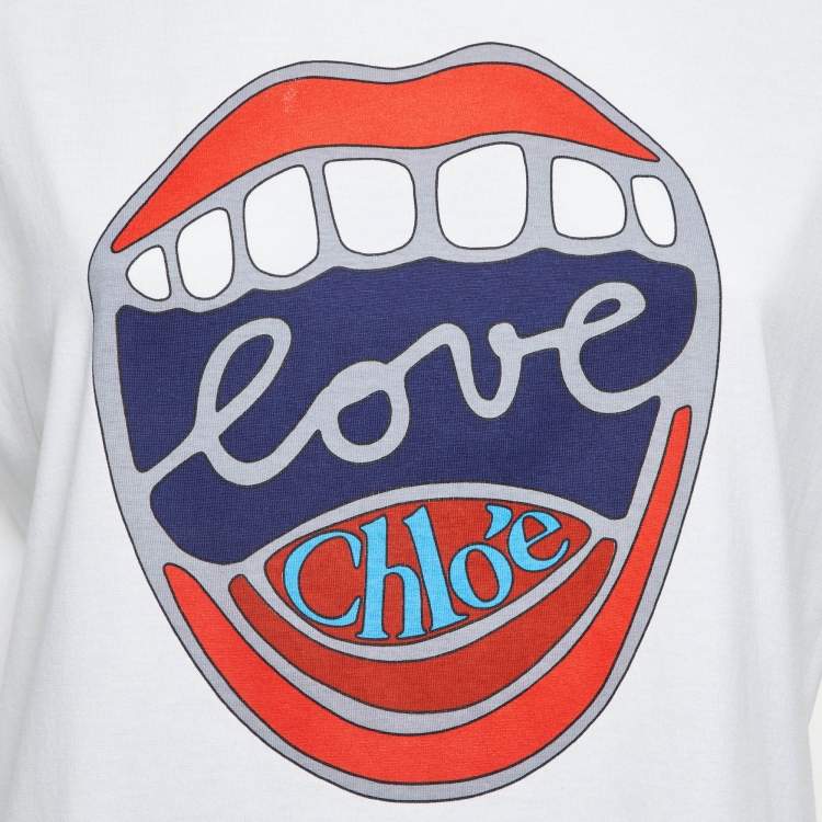 Pre Owned Chloe White Pop Art Print Cotton Crew Neck T-Shirt S