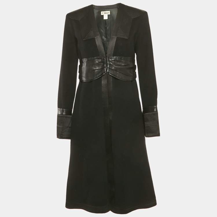 Pre Owned Chloé Black Wool and Cashmere Leather Trimmed Coat M