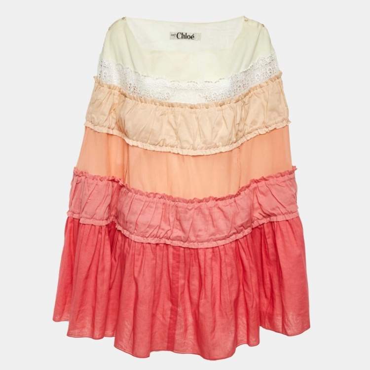 Pre Owned Chloe Pink/Cream Cotton & Silk Tiered Kaftan Tunic M